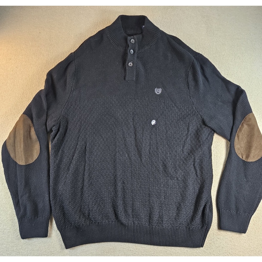 Chaps Mens XXL Black 100% Cotton Mock Neck Sweater Brown Elbow Patches